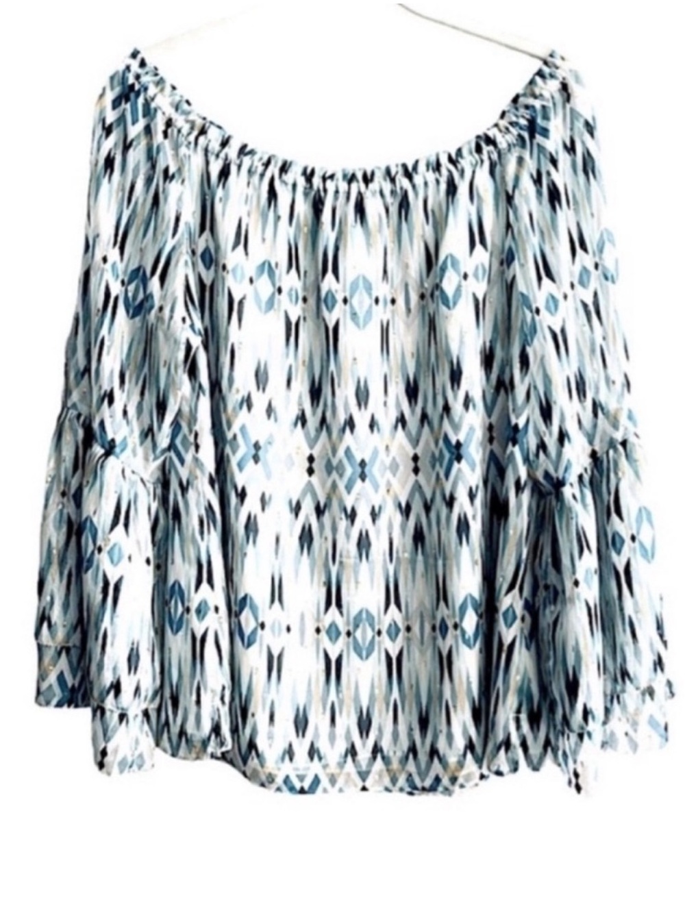 WHBM Bell Sleeve Blouse Metallic Thread Print Twilight Teal Blue Size L